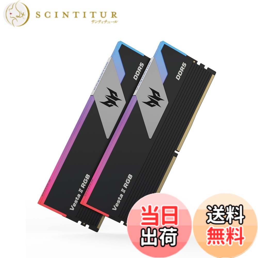 商品情報商品の説明主な仕様 【最新のDDR5プラットフォーム】Acer Predator Vesta 2シリーズ商品は厳選された高品質のDDR5 ICを使用しており、最大6000 MHzの次世代スピードを実現可能。DDR5 モジュールには、オンボード電源管理用集積回路（PMIC）が搭載され、前世代より電力分配が改善され、信号品位が向上し、雑音も少なくなります。【メタルヒートシンク】本製品には、アルミニウム合金製の高品質メタルヒートシンクが搭載され、放熱に優れた効果を発揮可能。冷却性能や安定性を重視したお客様には最適！シルバーとブラック二つのデザインが用意されており、自分好みにカスタマイズ可能。【プログラミング可能なRGB】ASUS、Gigabyte、ASRock、MSIなど世界大手のマザーボードメーカーのソフトウェアを通じで、1,680万色のカラーパレットから色鮮やかな RGB ライティングエフェクトをカスタマイズすることができます。【オーバークロック対応】Intel XMP 3.0および AMD EXPO認定。XMPプロファイルによる簡単にオーバークロックできます。また、オンダイ ECC（ODECC）は限界を超えながら究極のパフォーマンスを持続し、データ完全性の維持に役立ちます。【永久対応】:Acer Predator Vesta 2シリーズ商品には永久（日本国内のみ）が付き、万一不具合と思われる症状がある場合は、注文履歴→注文情報(内容)→販売元までお問い合わせください（外部損傷がある場合は対象外です）。