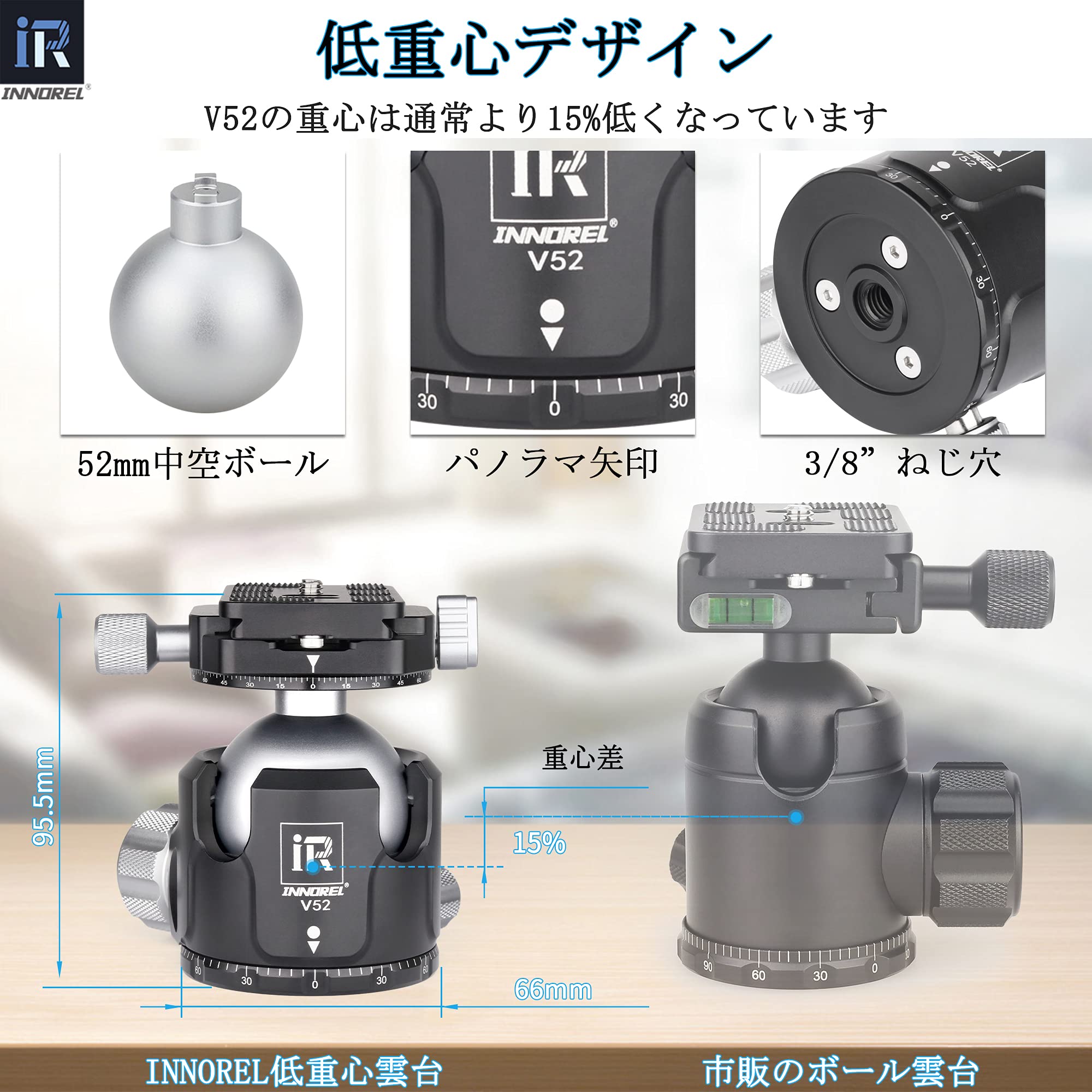 サンティチュールの【送料無料】INNOREL 自由雲台 ボール雲台 微動雲台 Vシリーズ 低重心 耐荷重最大20/25/30kg ボールヘッド直径 36mm 強化 CNC アルミ合金 三脚 一脚 一眼レフ 撮影 DSLR ビデオカメラ用 360度回転 パノラマ 3/8