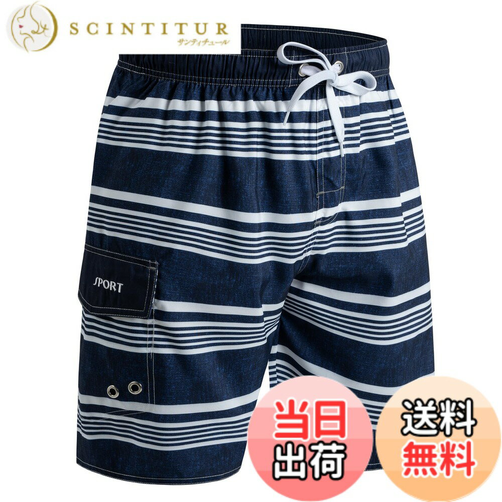 Trunks - 【送料無料】[KEFITEVD] 水着 メンズ 海水パンツ 速乾 夏服 大きいサイズ サーフパンツ メッシュインナー 水陸両用 撥水 海パン ウエストゴム トランクス ポケット付き ボードショーツ 色：ネイビー＋ホワイト、サイズ：3XL