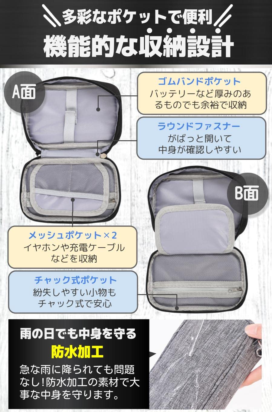 【送料無料】fogman ケーブル 収納 ポーチ バッテリー ガジェット マウス 充電器 USBメモリ 3層タイプ 色：ブルー scintitur-11262127 サンティチュール サンプル画像3