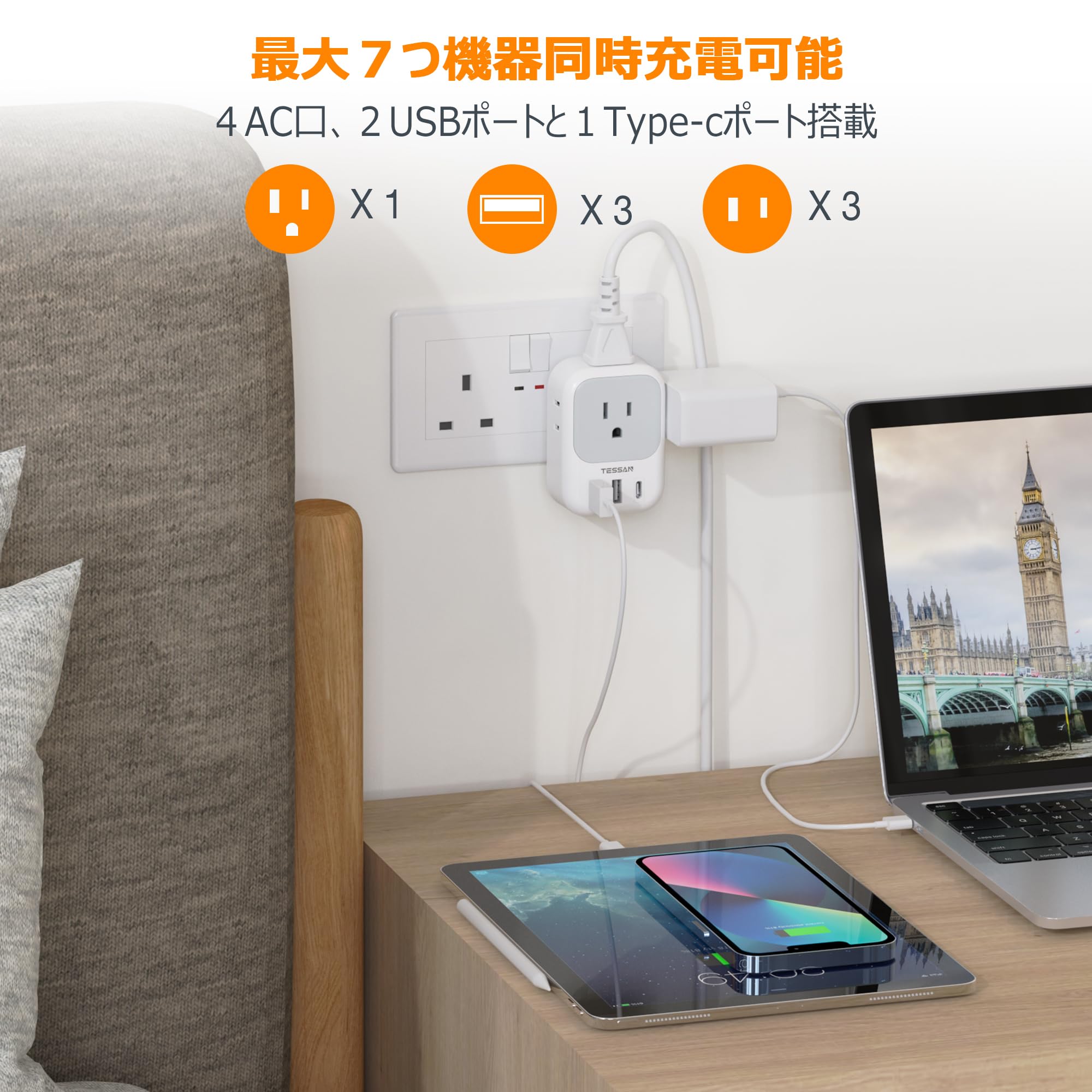【送料無料】変換プラグ 海外旅行用 c/bf/se/oタイプ USB付き旅行 便利グッズ 色：ホワイト、サイズ：2USB-A+USB-C scintitur-10013106 サンティチュール サンプル画像2