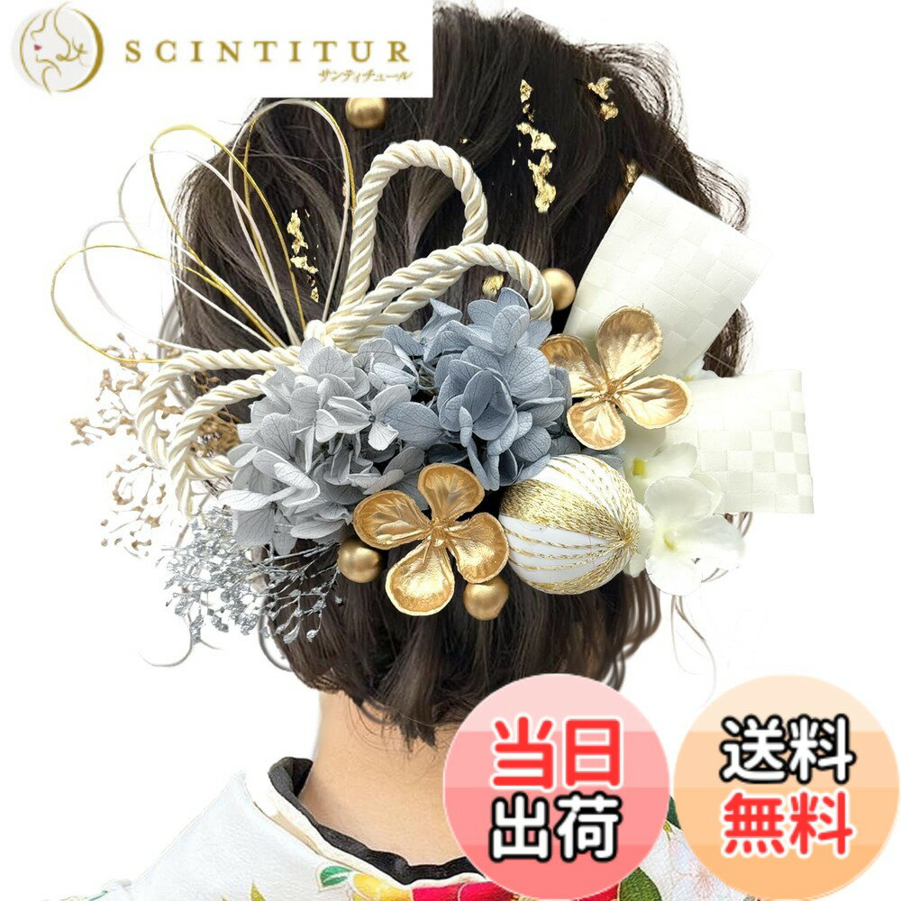Festival （Girls） - 【送料無料】[JZOON] 髪飾りドライフラワー ダリア 造花飾り 和玉 赤 ヘアアクセサリー 成人式 水引 ヘッドパーツ あじさい 振袖 着物 卒業式 七五三 浴衣 袴 結婚式 かすみ草 和装 造花 手作り 専用ケース付き B2246 色：グレー