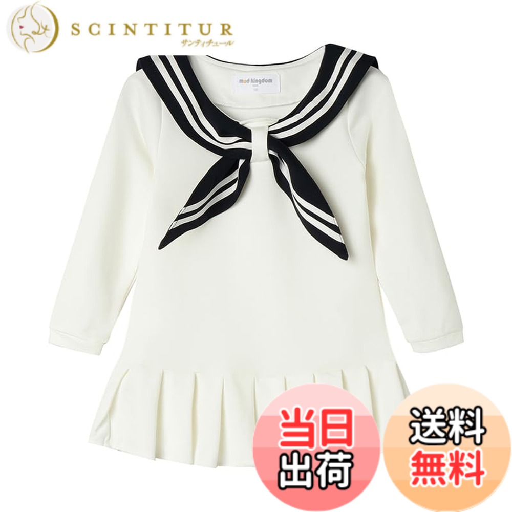 【送料無料】[LittleSpring] キッズ ワンピース 長袖 セーラー襟 プリーツ 切り替え フレア カジュアル 子供服 女の子 春秋 色：ホワイト、サイズ：110