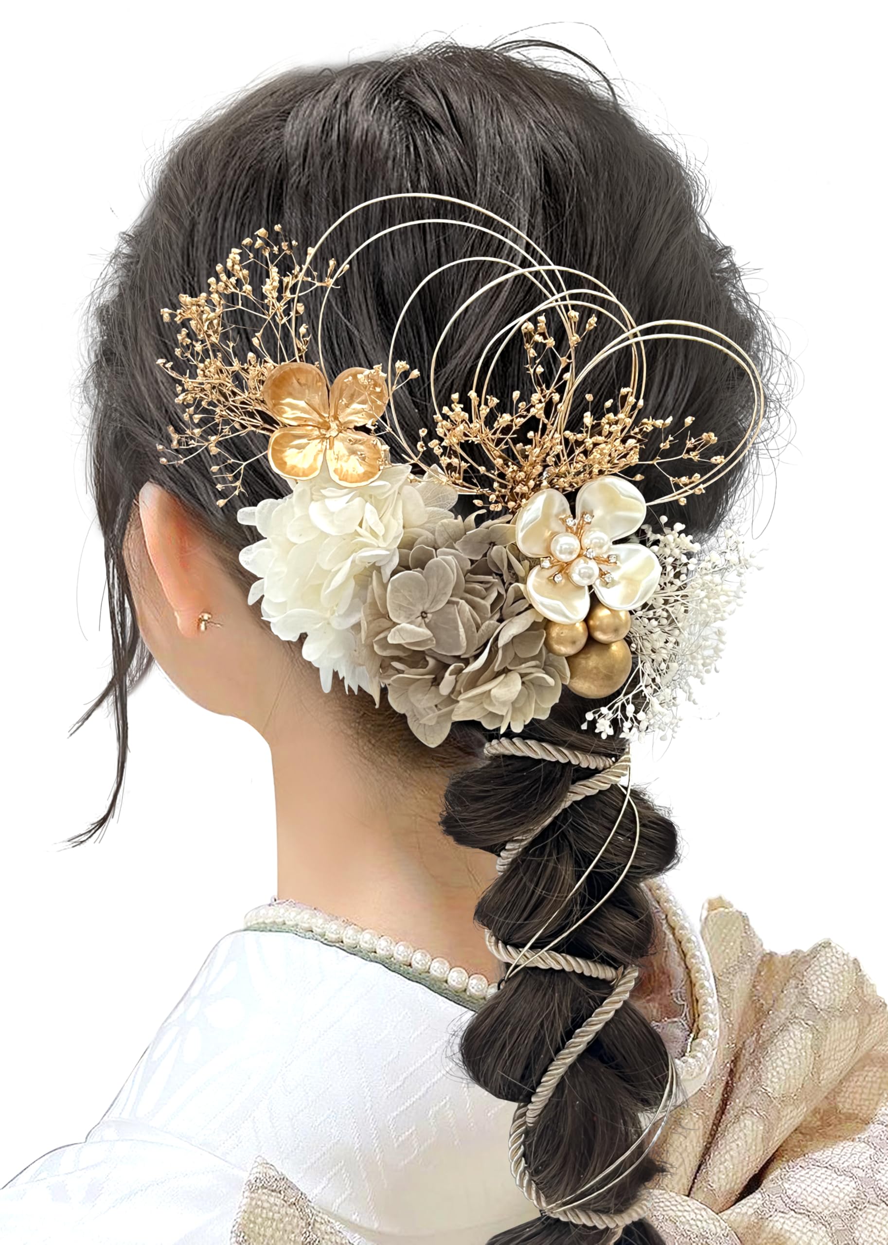 【送料無料】[JZOON] 髪飾り 人気 髪飾り セット ヘアアクセサリー ヘアーアレンジ 花 ドライフラワー 水引 振袖 和服 和装 着物 袴 浴衣 成人式 結婚式 卒業式 七五三 お祭り ポニーテール 色：白/カーキ