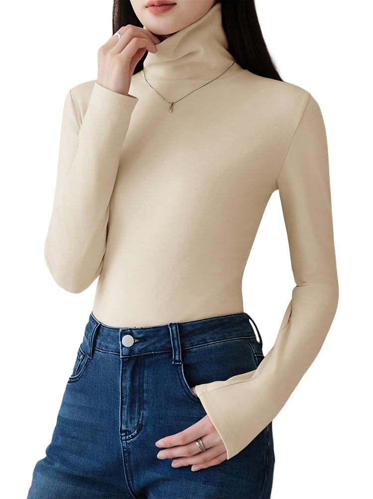 【送料無料】[Minesam] あったか インナー レディース タートルネック tシャツ 長袖 トップス 秋冬 極暖 ふんわり 色：アプリコット、サイズ：L
