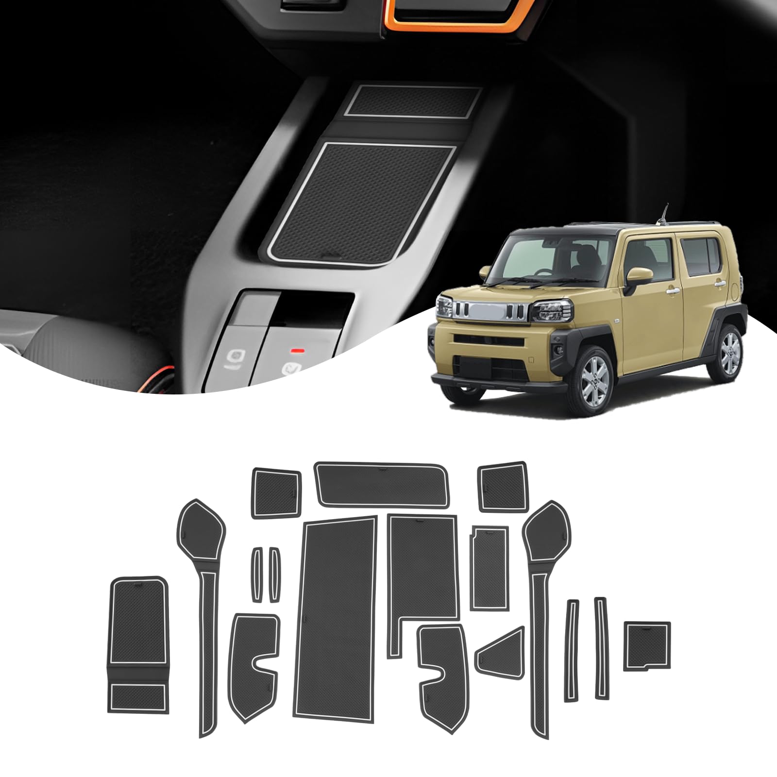 商品情報商品の説明主な仕様 【適合車種】 ：ダイハツ・タフト 3代目 LA900S/LA910S型 2020年モデル-現行。【車種専用・傷防止】新型ダイハツ タフト 専用に設計されたラバーマット（17枚入り）は、各部品が車両の精密データに基づいて設計されています。そのため、寸法のズレを心配する必要はありません。表面は高耐久性素材を採用しており、傷がつきにくい仕様です。特に、トレイに缶コーヒーや小物を置いた際の擦れや傷から保護する効果を発揮します。車内を綺麗に保ちながら、毎日の使用にしっかり対応します。【防塵防汚・車内を清潔に保つ】車内で埃や汚れが付着するのを防ぎ、清潔な状態を保つことができます。タフト用マットは高品質のシリコンゴム素材を採用しており、取り外して水洗いが可能。洗浄後は何度でも繰り返し使用できるため、車内を常に清潔に保つことができ、コストパフォーマンスにも抜群です。家族や友人を乗せる際も、常に綺麗な車内環境を提供します。【ノイズ防止・滑り止め】運転中にカップホルダーやトレイに置いたドリンクやスマートフォンがぶつかって「カタカタ」という不快な音がすることはありませんか？taft ダイハツ 滑り止めマットは優れた防滑性能を備えており、車内の小物や飲み物が揺れで滑ったり、ぶつかって音を立てたりするのを効果的に防ぎます。また、物が傷つくリスクも軽減でき、快適で静かなドライブ環境を提供します。【安心のサービス保障】SXCYのダイハツ taft インテリアラバーマットには1年間の品質が付いており、万が一品質に不具合があった場合は、いつでもご連絡ください。お客様にご満足いただけるよう、24時間以内に迅速に対応しております、どうぞご安心してお買い求めください。