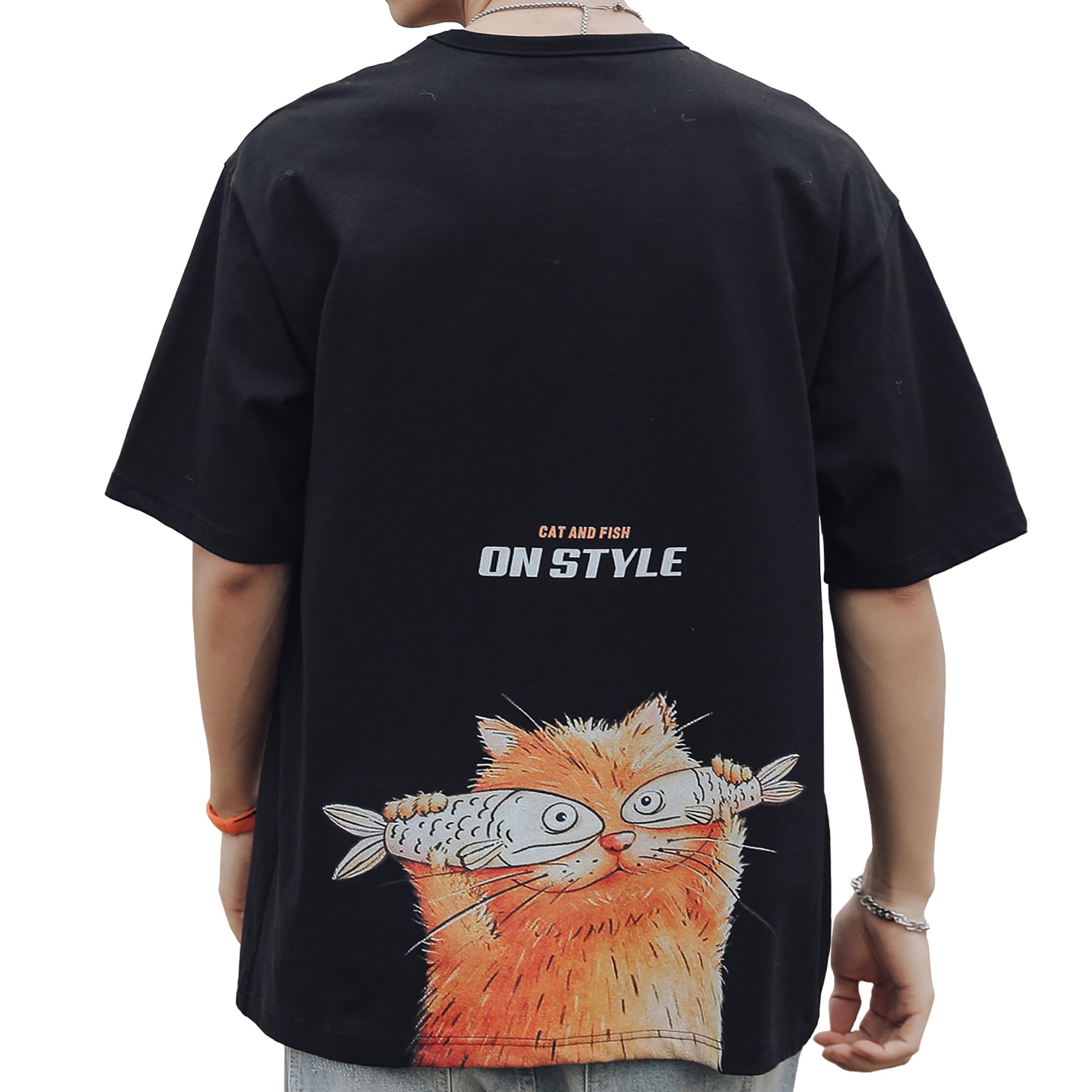 【送料無料】[Easykode] Tシャツ メンズ 半袖 夏服 かわいい トップス 猫 ティーシャツ 人気 服 バックプリント tshirt はんそで ティシャツ 大きいサイズ なつふく オシャレ てぃーしゃつ カットソー 綿100 男女兼用 春 夏 色：#15：黒、サイズ：M
