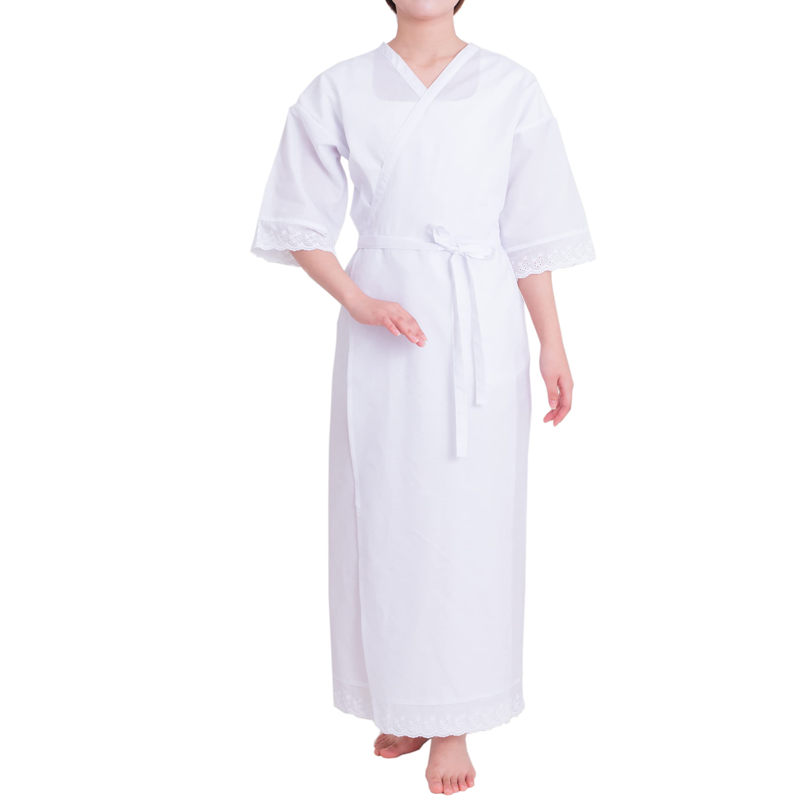 【送料無料】[HOHO AYUMU] レディース 肌襦袢 着物肌着 浴衣 和装 下着 ワンピース 白無地 通年用 女性 洗える 吸汗 速乾 ワンピース 成人式 卒業式 結婚式 花嫁 パーティ お茶会 七夕 夏祭り 花火大会 色：レース付き(無地)、サイズ：L