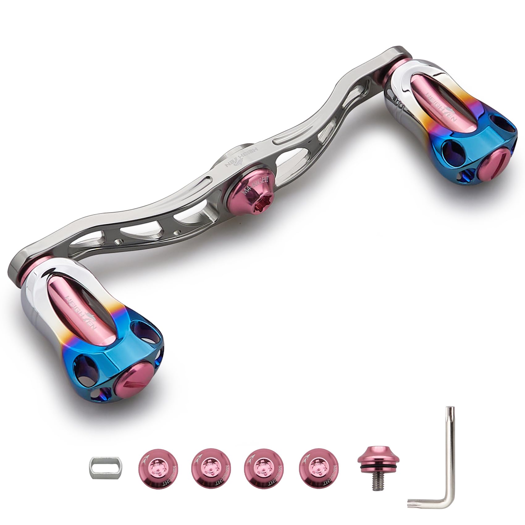 【送料無料】HEIGHTEN 90/105/115mm リール ハンドル 22mm ノブ搭載 シマノ(SHIMANO) ダイワ(DAIWA) アブ(Abu) 通用 ベイトリール 用 Aurora Series 色：105mm - ガンメタル＆桜ピンク