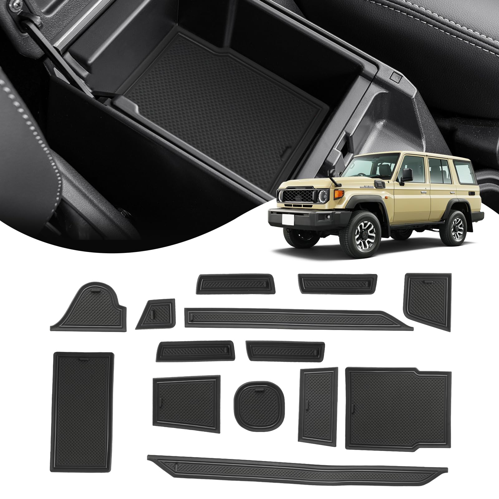 商品情報商品の説明主な仕様 【適合車種】 ：トヨタ ランドクルーザー 70系 GDJ76W 専用 (2023.11~現行）。【車種専用・傷防止】専用に設計されたラバーマット（14枚入り）は、各部品が車両の精密データに基づいて設計されています。そのため、寸法のズレを心配する必要はありません。表面は高耐久性素材を採用しており、傷がつきにくい仕様です。特に、トレイに缶コーヒーや小物を置いた際の擦れや傷から保護する効果を発揮します。車内を綺麗に保ちながら、毎日の使用にしっかり対応します。【防塵防汚・車内を清潔に保つ】 車内で埃や汚れが付着するのを防ぎ、清潔な状態を保つことができます。ポケットマットは高品質のシリコンゴム素材を採用しており、取り外して水洗いが可能。洗浄後は何度でも繰り返し使用できるため、車内を常に清潔に保つことができ、コストパフォーマンスにも抜群です。家族や友人を乗せる際も、常に綺麗な車内環境を提供します。【ノイズ防止・滑り止め】 運転中にカップホルダーやトレイに置いたドリンクやスマートフォンがぶつかって「カタカタ」という不快な音がすることはありませんか？ランドクルーザー 70系 滑り止めマットは優れた防滑性能を備えており、車内の小物や飲み物が揺れで滑ったり、ぶつかって音を立てたりするのを効果的に防ぎます。また、物が傷つくリスクも軽減でき、快適で静かなドライブ環境を提供します。【安心のアフターサービス】：SXCYのランドクルーザー 70系 インテリアラバーマットには1年間の品質が付いており、万が一品質に不具合があった場合は、いつでもご連絡ください。お客様にご満足いただけるよう、24時間以内に迅速に対応し、無償交換や全額などのサポートを提供いたしますので、どうぞご安心してお買い求めください。