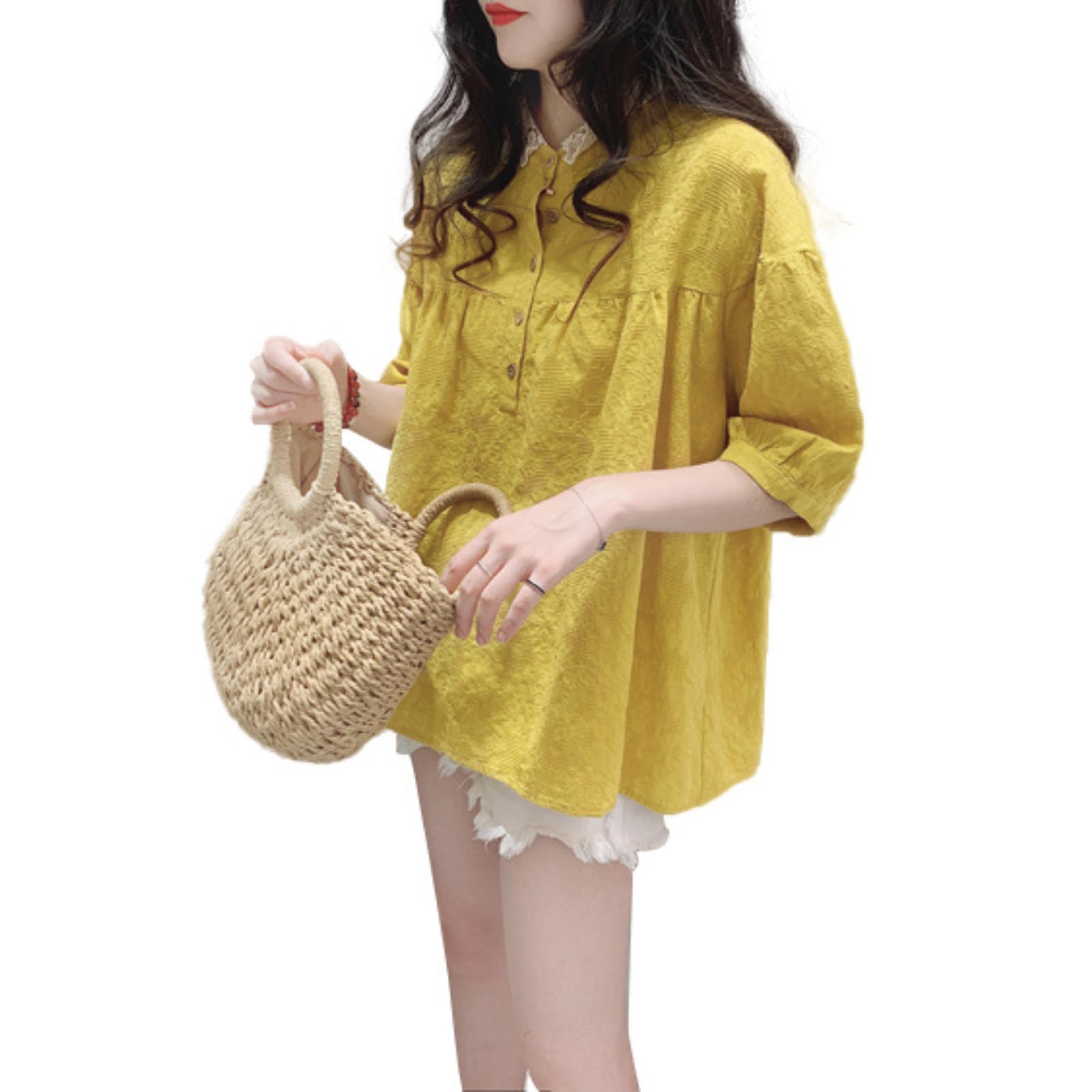 【送料無料】[KEQIKAI] レディース トップス シャツ コットン ドールカラー 刺繍 チュール レース トップス おしゃれ 着痩せ 大人 可愛い 色：イエロー、サイズ：XL