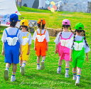 子供 ダンス 衣装 サロペット 膝丈 ショート丈 パンツ ツナギ服 カラフル 背中に白いエンジェル翼付き かわいい 天使 キッズ ユニセックス サロペット オールインワン 夏服 女の子 男の子 イベント 運動会 体育祭 遊び会 団体 おそろい服 半袖Tシャツ 単品 セット100~180
