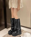 カバーロングブーツ厚底 ルーズシルエット レディース フレアワイドシャフト ワークブーツ ストリート風 お洒落 エンジニアブーツ 歩きやすい 美脚脚長かっこいい...