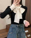 【最大50%OFFクーポンで,1845円】ニットトップス 刺しゅうレース ボウタイ リブニット 長袖バイカラー トップス リボン ニットセーター きれいめ 韓国ファッション レース切替 タイトニット 配色 miniministore 77BYFS-047
