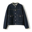 オーバーサイズ ノーカラー もこもこ袖口デザイン 配色ステッチ デニム ジャケット レディース ドロップショルダー 襟口デザイン ヴィンテージ Gジャン お洒落 こなれ感 M/Lサイズ 春 もこもこ袖口デザイン