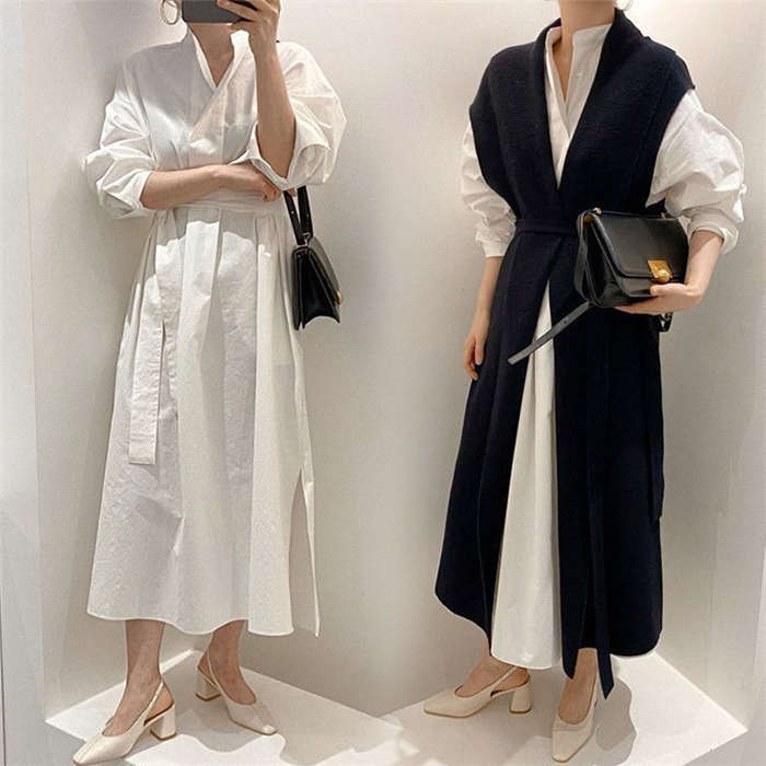 シャツワンピース ニットベスト レディース 40代 秋冬 長袖 ロング丈 ニットベスト セットアップ 2点セ..