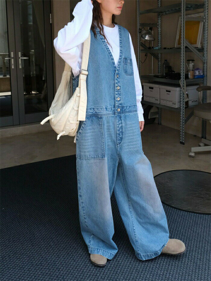 デニムサロペット サロペット パンツ オールインワン レディース 綿100％ 春 秋 デニム ワイドパンツ コットン ノースリーブ 重ね着 きれいめ 大きいサイズ カジュアル おしゃれ 体型カバー ゆったり 着痩せ オーバーオール ナチュラル 女性 お呼ばれ レイヤード風
