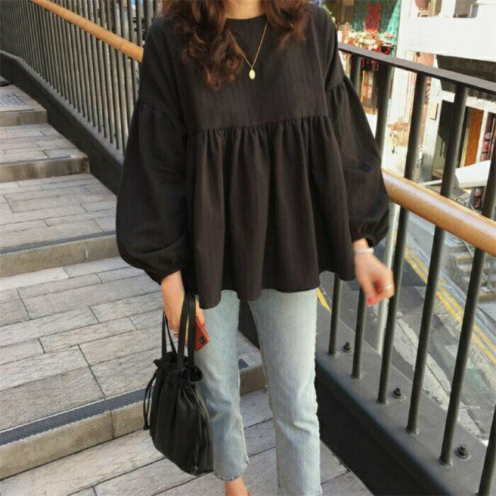 ブラウス パフスリーブ Tシャツ レディース 春秋 シャツ 長袖 フレア 黒 パフ袖 トップス チュニック 大きいサイズ 無地 クルーネック プルオーバー 可愛い ゆったり 体型カバー カジュアル シンプル きれいめ 通勤 通学 20代 30代 40代 50代