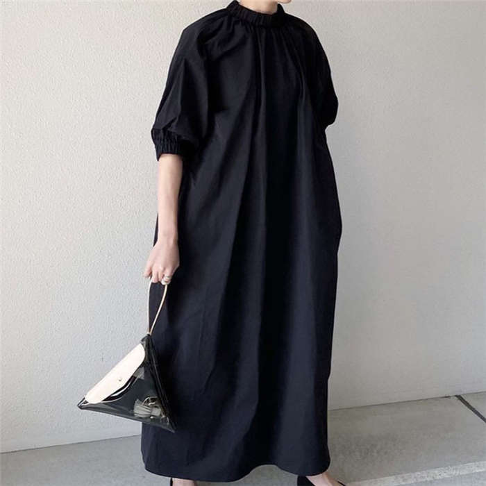 ワンピース 春 秋 ロングワンピース マキシ フレアワンピース ワンピ レディース チュニック Uネック 春秋 5分丈袖 無地 Aライン 柔らか フレア きれいめ 30代 40代