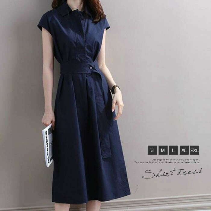 シャツワンピース ワンピース 半袖 レディース ロングワンピース ワンピ ロング丈 紺色 無地 シャツワ..