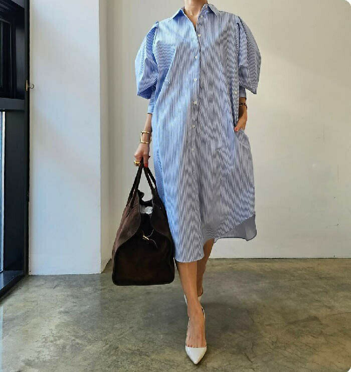 ワンピース シャツワンピース レディース 長袖 春 夏 ストライプ柄 無地 ロングワンピース ボリューム..