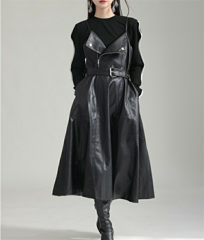 レザーサロペットスカート ワンピース レディース フェイクレザー ジャンパースカート オールインワン ZIP ノースリーブ サロペワンピ―ス アシンメトリー ジップ 変形デザイン 個性的 モード プレゼント ロング丈 体型カバー 30代 40代 50代