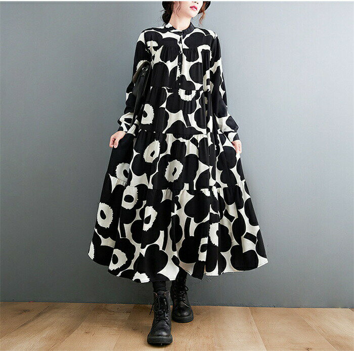 シャツワンピース ワンピース ロングワンピース レディース 春秋 ワンピ ロングワンピ 総柄 ロング丈 A..