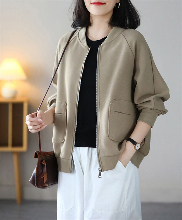 スタジャン レディース スウェット カーディガン トレーナー トップス パーカー ジャケット カットソー 春 秋 ライトコート スプリング コート 羽織り 大人 かわいい コート アウター 大きいサイズ ゆったり 体型カバー 着痩せ ファスナー 30代 40代 50代