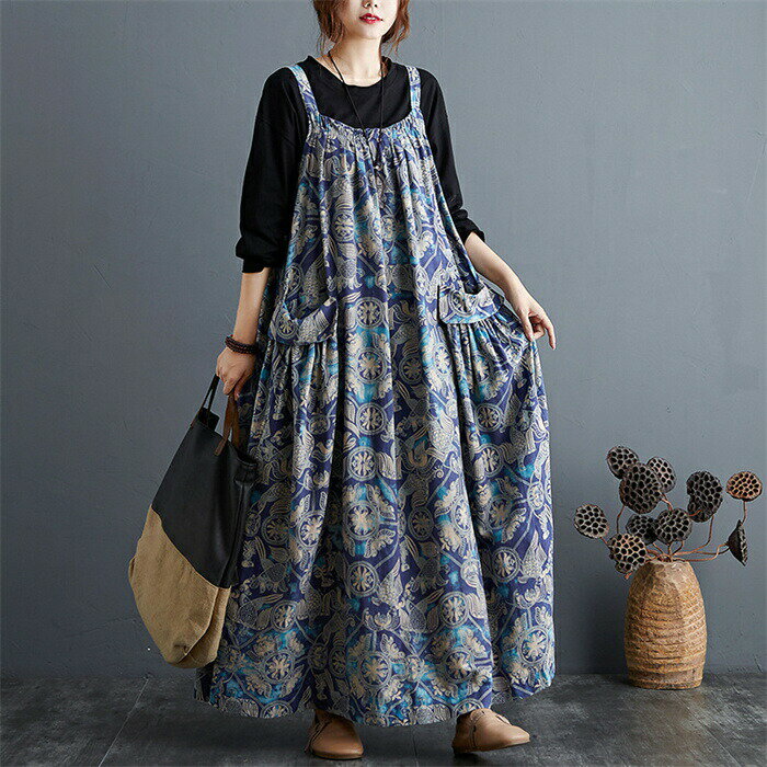 ジャンパースカート ジャンスカ レディース 春秋 Aライン 花柄 エスニック 総柄 サロペット スカート ワンピース フレア ロング丈 オーバーオール オールインワン サロペットスカート ゆったり 体型カバー 大きいサイズ 着瘦せ お洒落 カジュアル シンプル