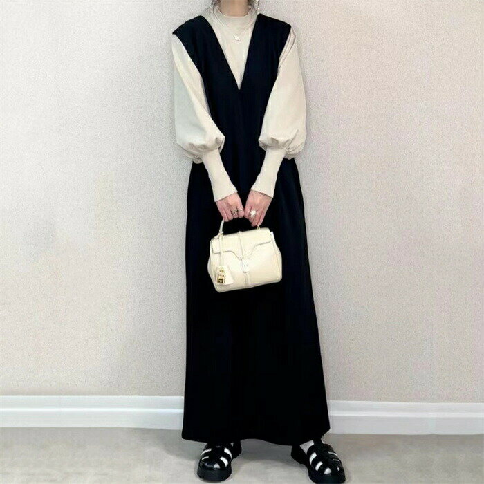 ジャンパースカート レディース 春秋 ワンピース ノースリーブ ノースリーブ Iライン Vネック ジャンスカ ロングワンピース ロング丈 サロペット 無地 オールインワン オーバーオール 重ね着 レイヤード ゆったり 体型カバー カジュアル シンプル オフィス 通勤OL