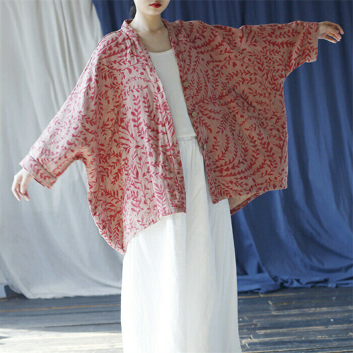 アウター コート 綿100％ カーディガン レディース 春秋 スプリングコート 2重ガーゼ カーデ 綿ガーゼ 長袖 Vネック ロング丈 花柄 コットン 大きいサイズ 前開き 羽織 トップス ゆったり 体型カバー レトロ 柔らかい お洒落 上品 ナチュラル 森ガール ルームウェア