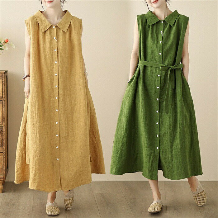 ワンピース シャツワンピース レディース 無地 ノースリーブ 折り襟 ロング シャツ ワンピ 綿麻調 前開..