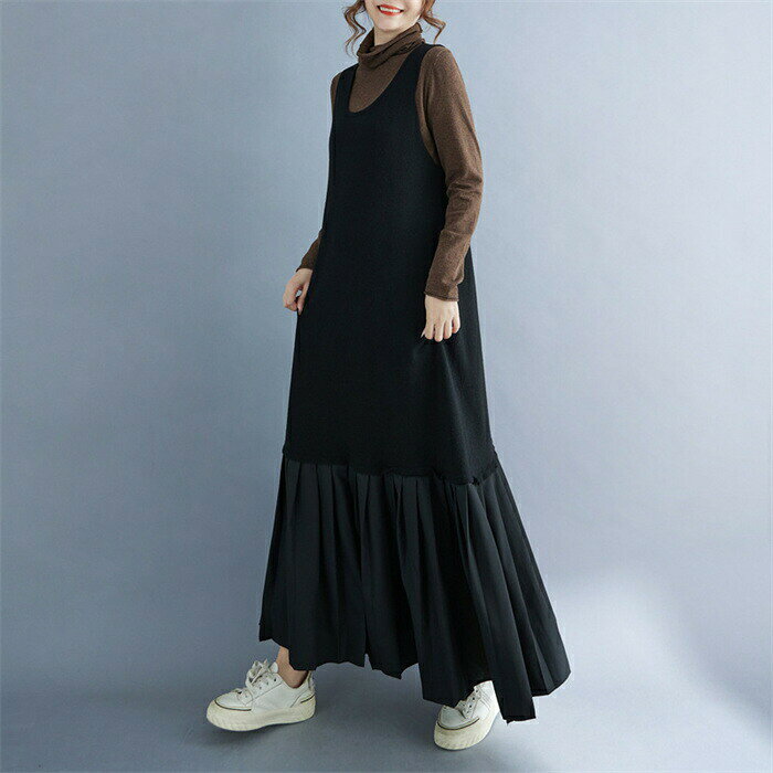ジャンパー スカート サロペット ワンピース レディース ロング ワンピース ベスト ワンピース 春 秋 冬 フリル裾 切り替え ワンピース きれいめ ロング丈 シンプル カジュアル レイヤード お洒落 通勤 ロングジャンスカ 大人 通勤 暖か 日常 ディリー 重ね着