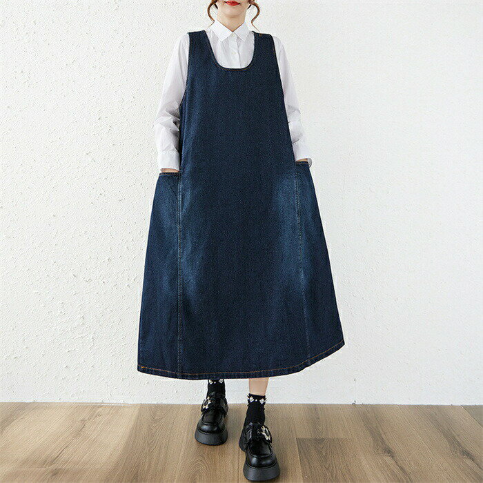 ジャンパースカート サロペット ワンピース レディース デニム ワンピース オーバーオール オールインワン デニム ワンピース ロング丈 ノースリーブ 体型カバー 春 秋 冬 ゆったり レイヤード シンプル ロングワンピ 着痩せ カジュアル 大きいサイズ リラックス 重ね着