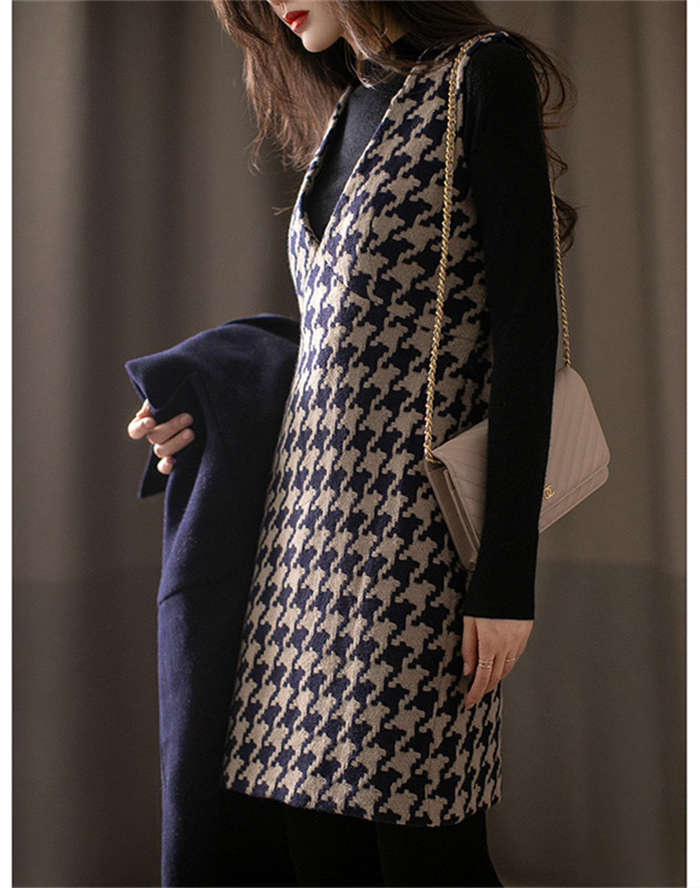 ジャンパースカート 秋 冬 ワンピース 春 秋 レディース 千鳥格子 ミディアム丈 大人 ワンピース Vネッ..