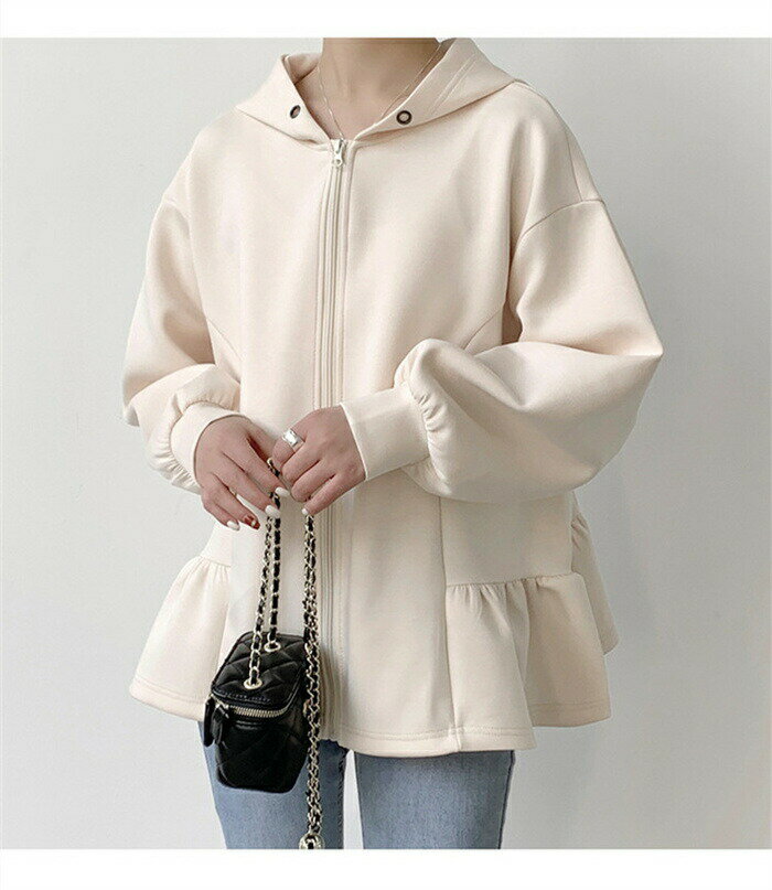 パーカー スウェット コート スプリングコート ジャケット ジップアップ パーカー フレアパーカー フリル裾 レディース 長袖 トップス 春 秋 フリルパーカー 無地 大きいサイズ きれいめ フード付き アウター ブルゾン ジャケット フレア 羽織り ゆったり シンプル 通勤