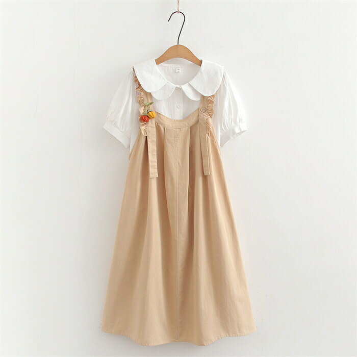 2点セット セットアップ レディース サロペットスカート ジャンパースカート ジャンスカ ワンピース Aライン サロペット フレア オールインワン ロング丈 シャツ 半袖 可愛い レイヤード 重ね着 ゆったり 体型カバー 着瘦せ カジュアル おしゃれ シンプル 通学