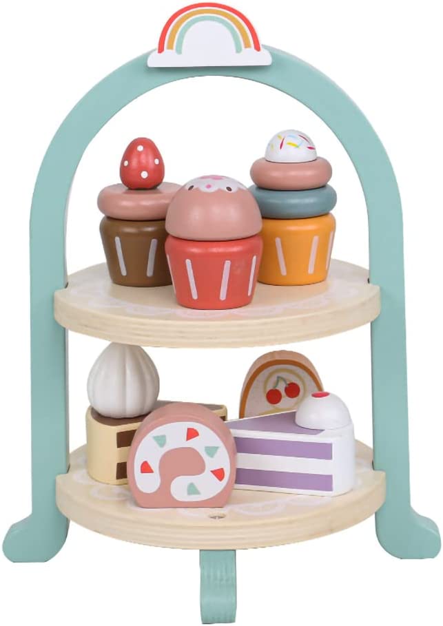 ケーキセット おままごと カップケーキ ケーキスタンド様式 ごっこ遊び アフタヌーン ティータイム 食器 子供 木のおもちゃ 知育玩具 出産祝い 入園お祝い 親子遊び 児童館 保育園 誕生日 クリスマス プレゼント 8点セット