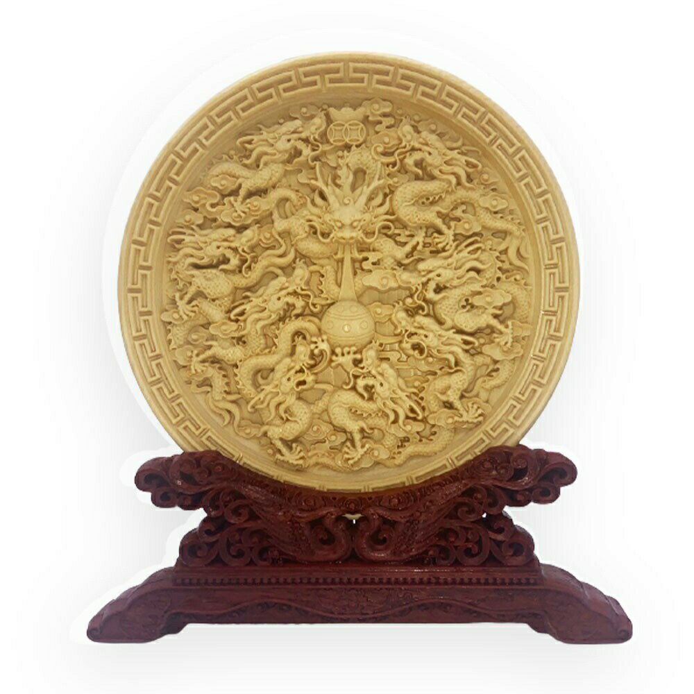 ミニ 九龍 竜生九子【盤型龍彫り 台付き】極上彫り 五本爪龍 木彫り 形 彫刻 九龍図 スピリチュアル 風..