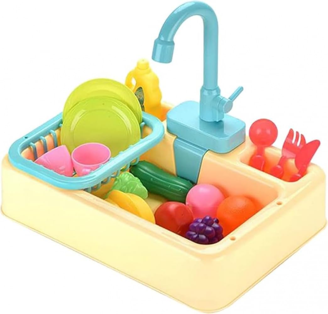 電動シンクおもちゃ｜子供用台所遊び｜水循環システム付き｜安全素材・おままごと・キッチンごっこ用｜イエロー