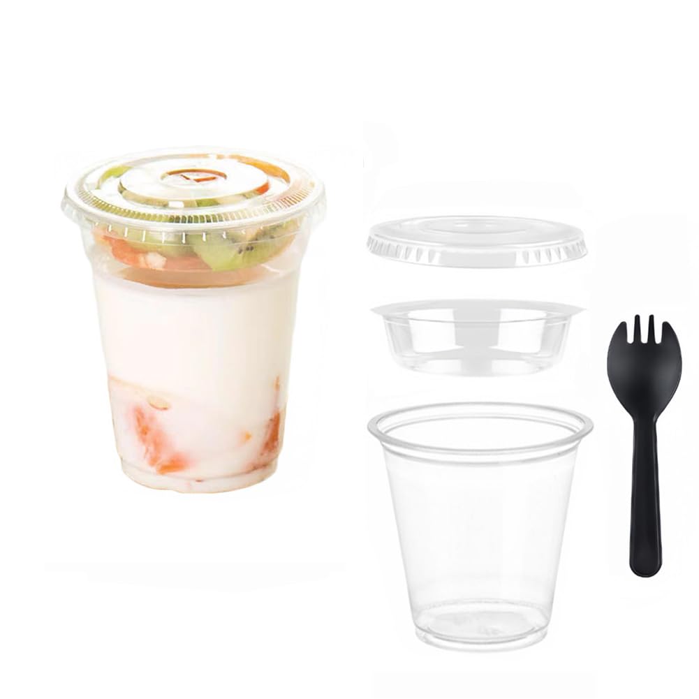12オンス 透明プラスチック ヨーグルトパフェカップ 平らな蓋 インサート スポーク 使い捨てカップ 50..