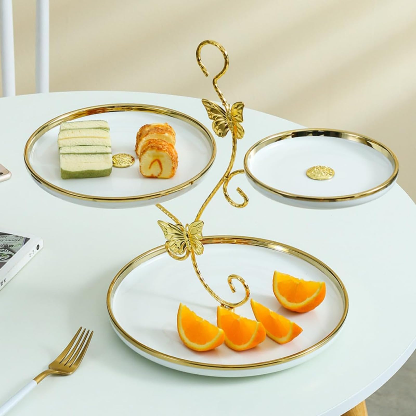 ケーキスタンド・アフタヌーンティースタンド・セラミック製品・北欧風・ツリー型・軽い・おしゃれ・パーティー・結婚式・誕生日会・お茶会・贈り物・ケーキスタンド 3 段・ケーキ台・お菓子皿・セラミック製・お菓子・果物収納・アフタヌー・組み立て式(3)