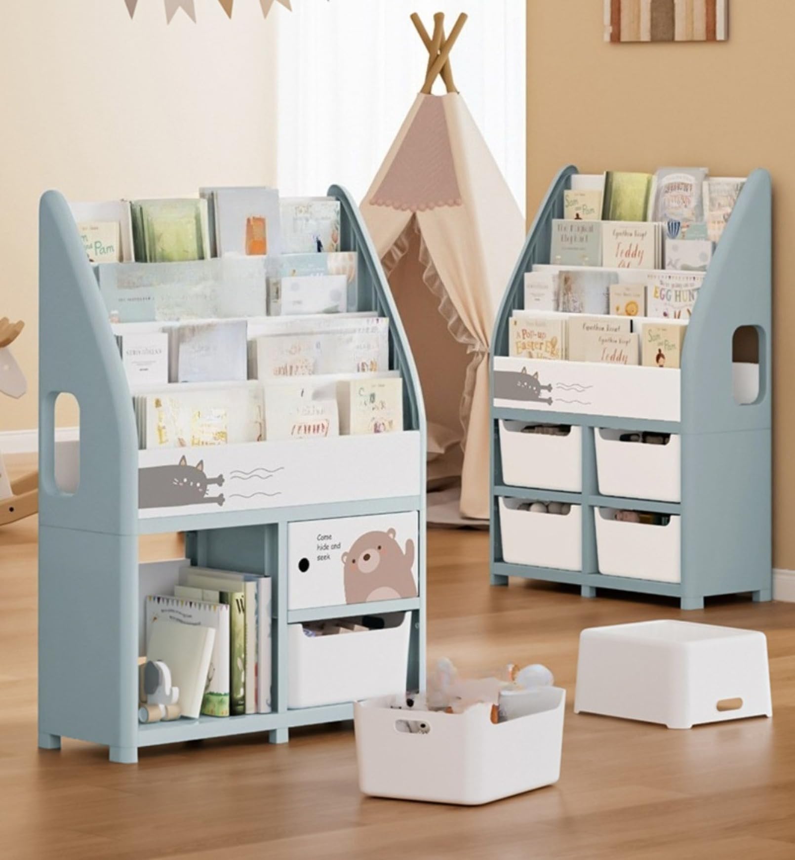 絵本棚 絵本ラック 椅子付き 倒れ防止設置追加 大容量ラック 200冊収納でき 組み立て簡単 角丸く加工 ..