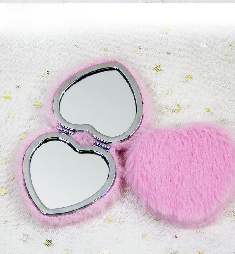 ファッション美容ぬいぐるみミラーピンクぬいぐるみハート型折りたたみ両面ミラー手持ち女性のメイクア..