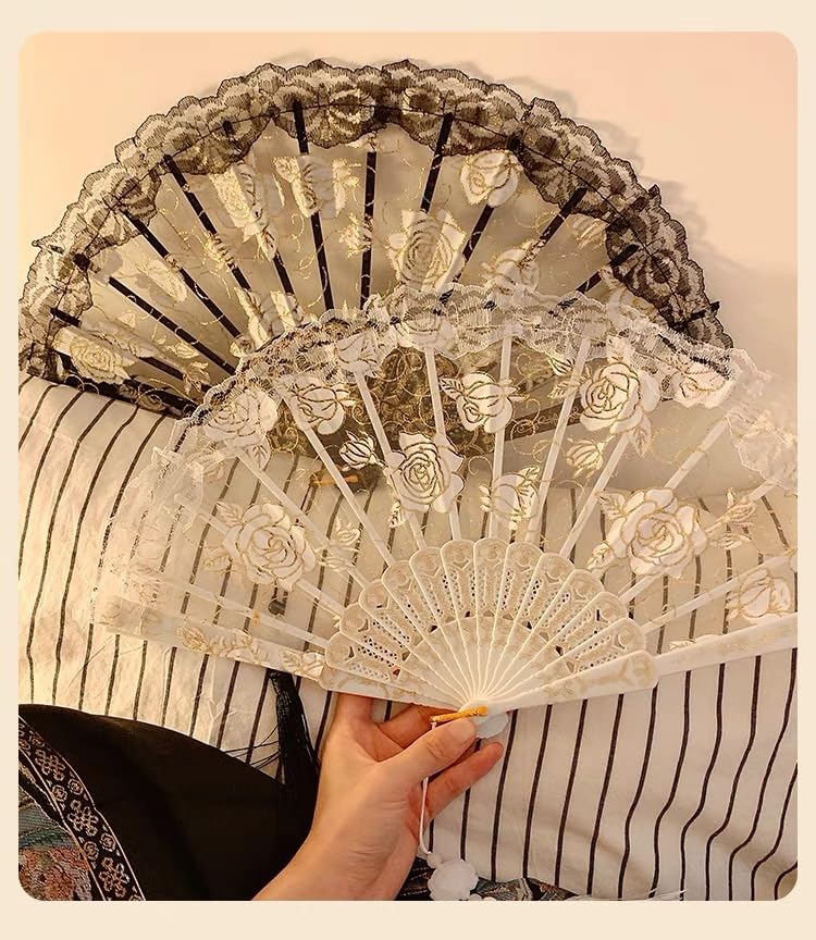 折りたたみ扇子新中国式レースバラ扇子女夏折りたたみ扇子ダンス古風折りたたみ (ブラック)