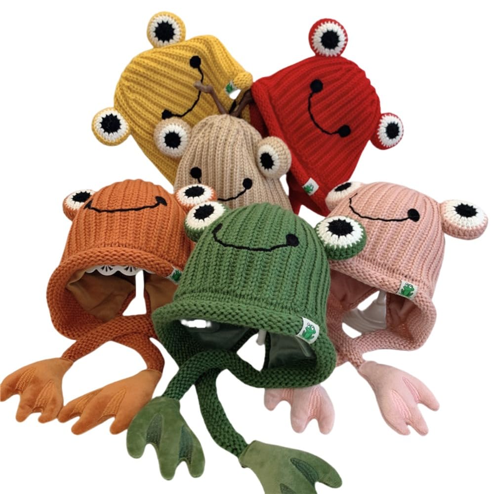 [] かわいいカエルのニットウール帽子、冬の韓国語バージョンプラスベルベットの耳保護帽子、冬暖かい..