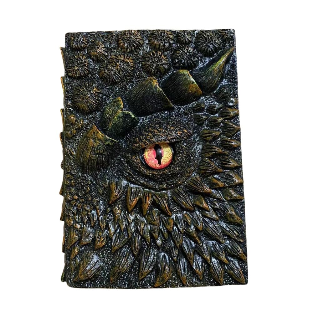 3Dドラゴンハードカバー彫刻日記帳 、立体彫刻ドラゴンの目の本 樹脂エンボス素材ーメモ帳、空白の内側..
