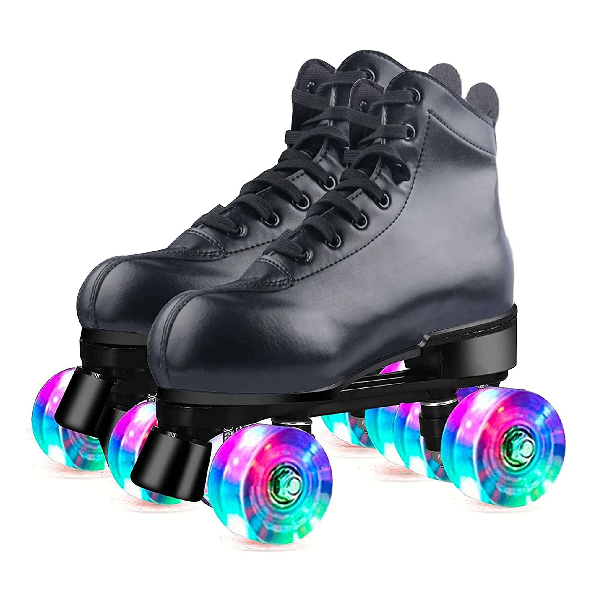女性と男性のための古典的な2列インラインスケート、PU点滅ホイール付きのハイトップPUレザークワッド..