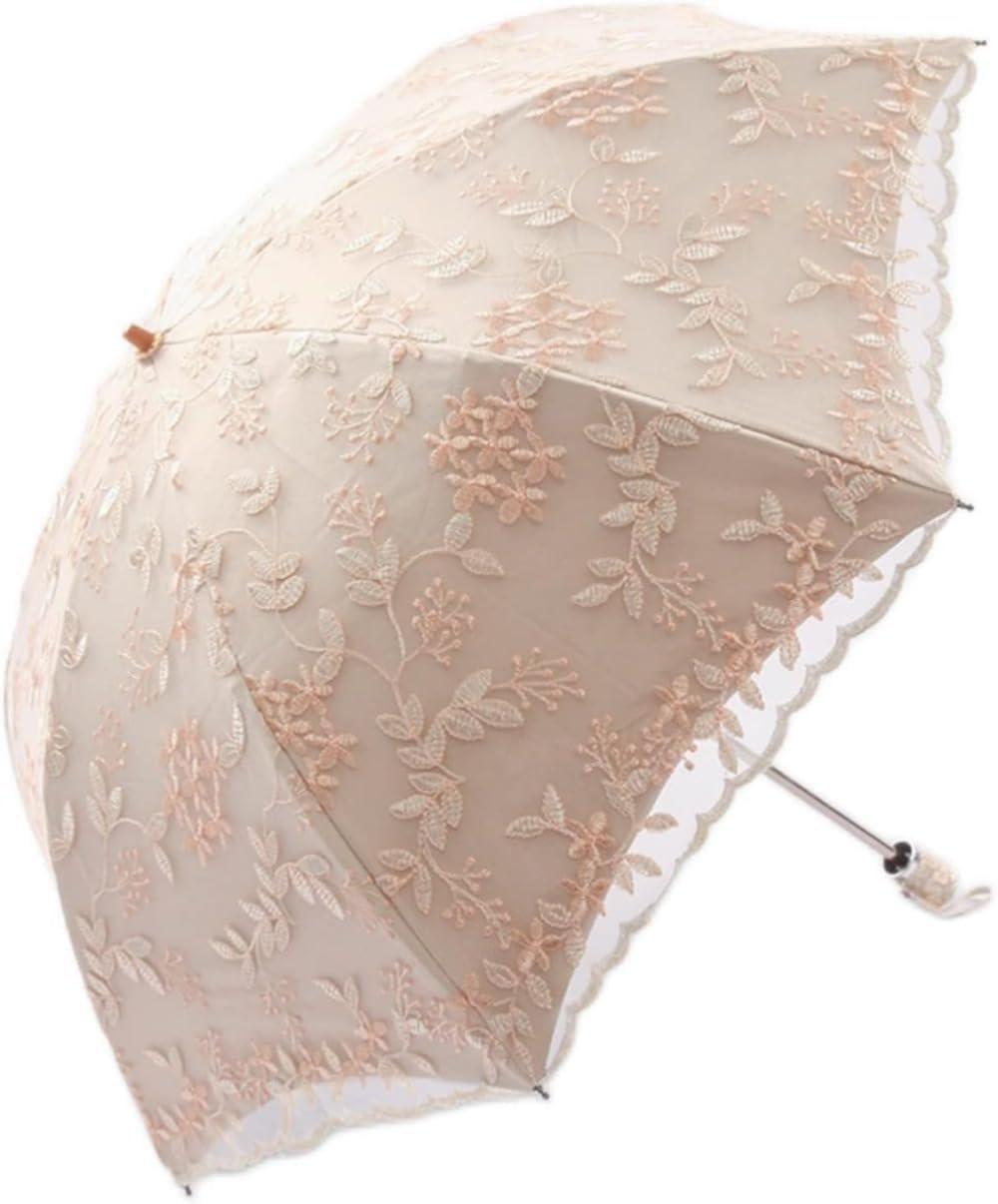 エレガントなダブルレース日傘 防紫外線・耐風 2 段折り 刺繍入り 軽量コンパクト 旅行・アウトドア・..