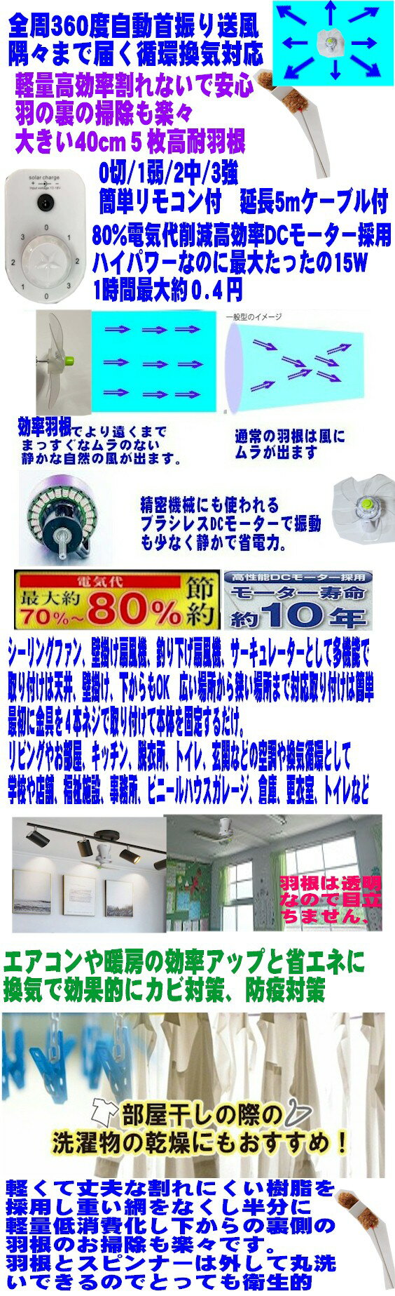 扇風機 大型 40cm 壁掛け扇風機 シーリングファン DCモーター 360度首振り オート扇 業務用扇風機 換気扇 天井吊り下げ扇風機 リモコン付 scsdc450a